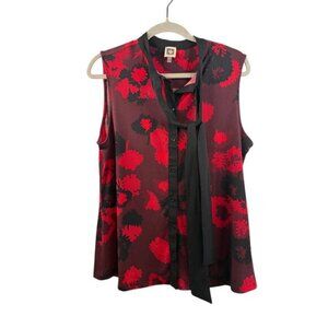 Anne Klein Sleeveless Red & Black Floral Blouse W/ Tie Neck L